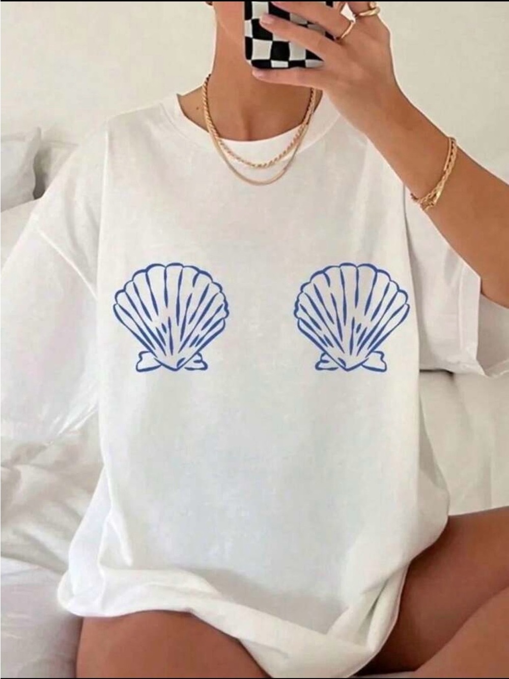 SHEIN White Tee with Blue Shell Print